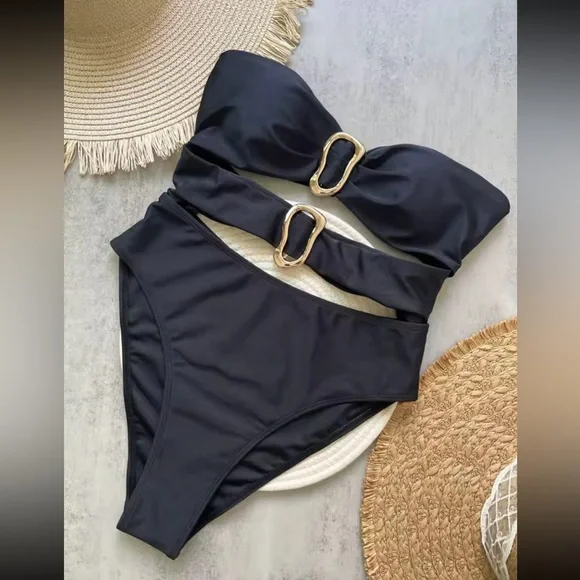 NWT - Swimsuit Body Cutout Bandeau Gold Accents Adjustable Straps - Luxury Style - Picture 2 of 7